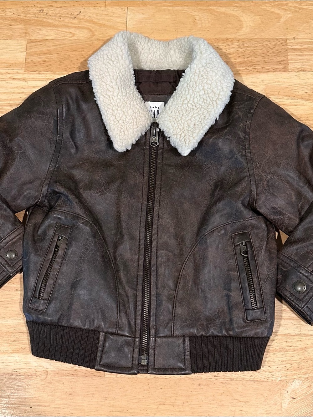 GAP Kids Dark Brown Faux Leather Bomber Jacket with Cream Sherpa Collar